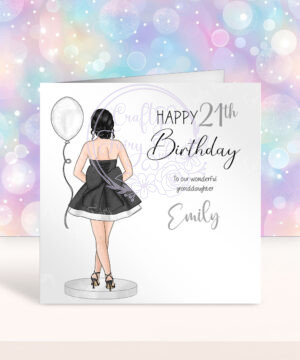 personalised lady in black/white party dress back view birthday card