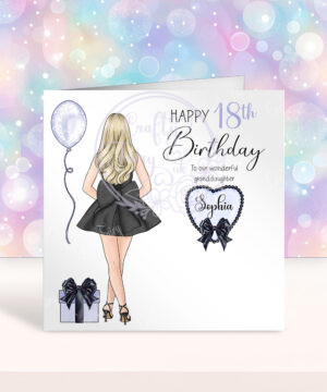 personalised lady in black mini party dress back view & gift birthday card