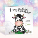personalised daisy dairy cow & daisies birthday card