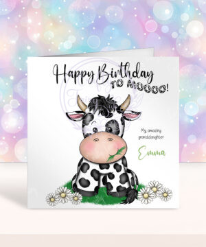 personalised daisy dairy cow & daisies birthday card
