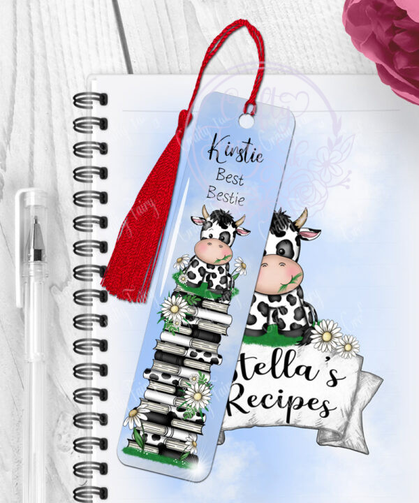 personalised daisy dairy cow & books metal bookmark