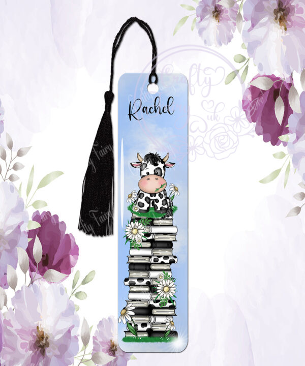 personalised daisy dairy cow & books metal bookmark