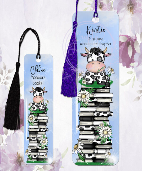 personalised daisy dairy cow & books metal bookmark