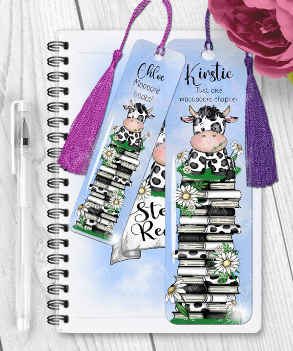 personalised daisy dairy cow & books metal bookmark