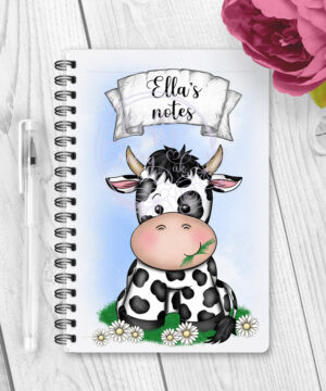personalised daisy dairy cow & daisies a5 notebook gift