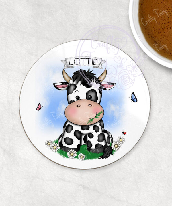 personalised daisy dairy cow & daisies coaster gift