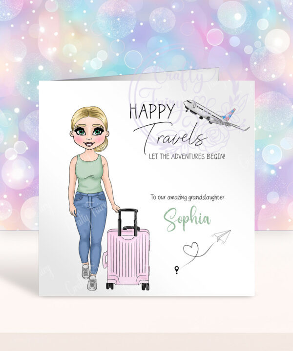 personalised happy travels bon voyage card for lady or teen who loves travelling