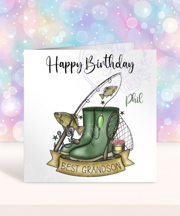 personalised welly boots & rod birthday or father's day card for fisherman