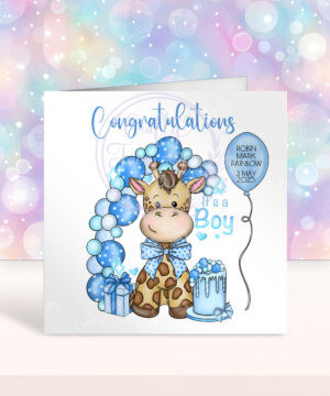personalised giraffe blue balloons congratulations it's a boy birth card