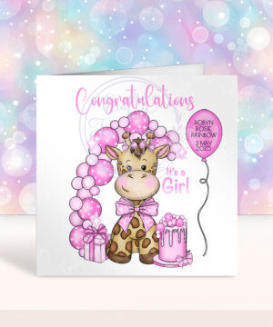 personalised giraffe pink balloons congratulations it's a girl birth card