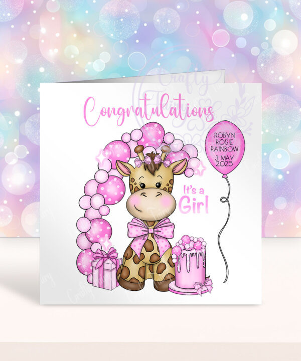 personalised giraffe pink balloons congratulations it's a girl birth card