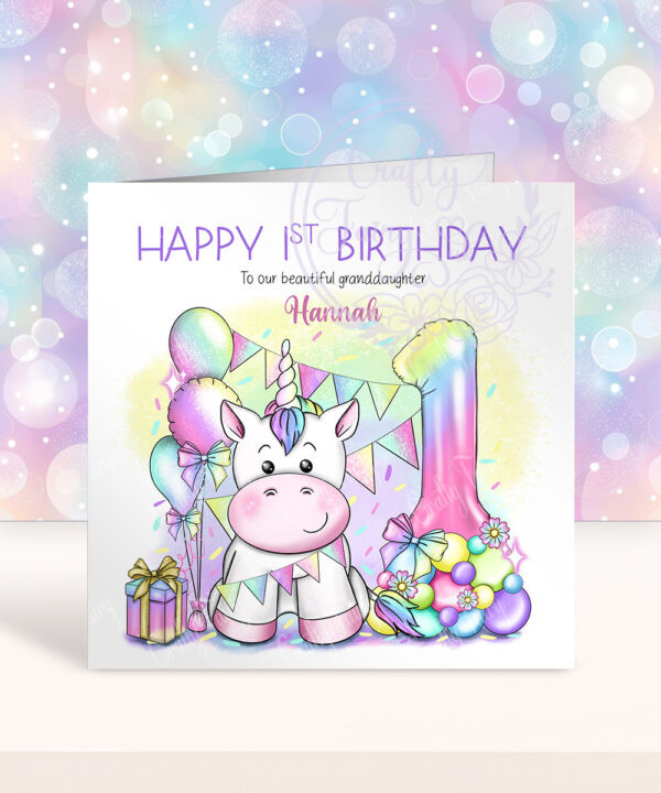 personalised girl's first 1st birthday card with rainbow unicorn