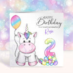 personalised rainbow unicorn toddler girl's 1st 2nd 3rd 4th 5th birthday card
