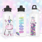 personalised rainbow unicorn 600ml school water bottle for girl