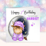 personalised highland cow in pj's on moon toddler 1st 2nd 3rd 4th 5th birthday card