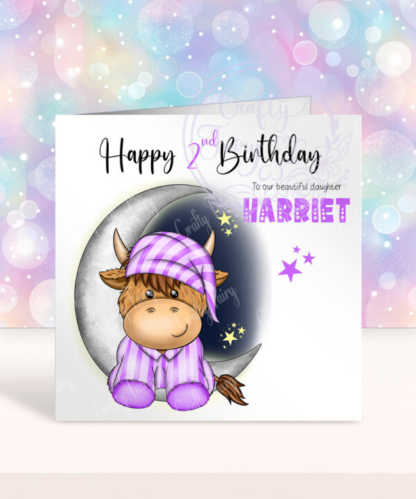 personalised highland cow in pj's on moon toddler 1st 2nd 3rd 4th 5th birthday card