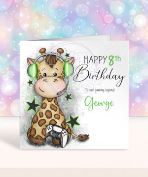 personalised gamer giraffe birthday card