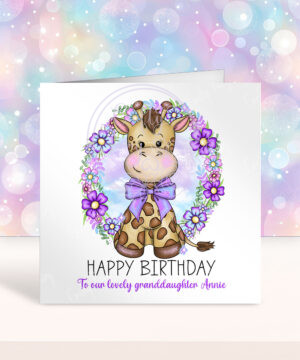personalised giraffe with purple flowers birthday card