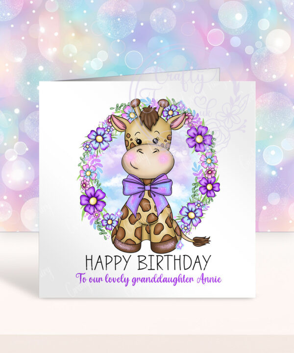personalised giraffe with purple flowers birthday card