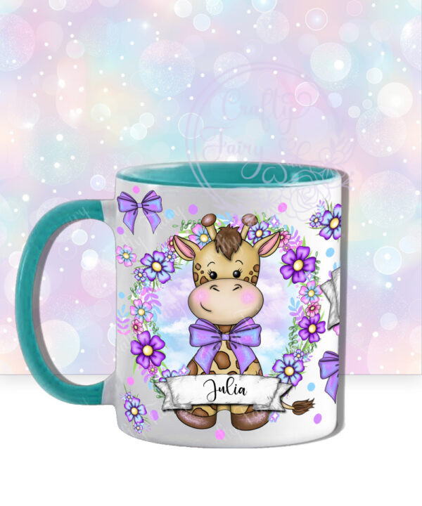 personalised cute giraffe & purple flowers mug gift