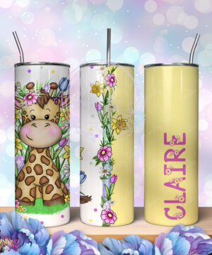 personalised cute giraffe with spring flowers 600ml 20oz straight tumbler