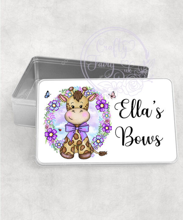 personalised giraffe with purple flowers medium tin