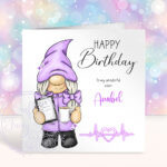 personalised purple gnome gonk healthcare assistant nurse birthday card