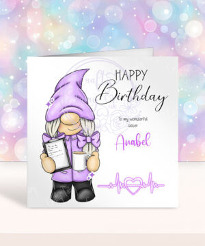 personalised purple gnome gonk healthcare assistant nurse birthday card