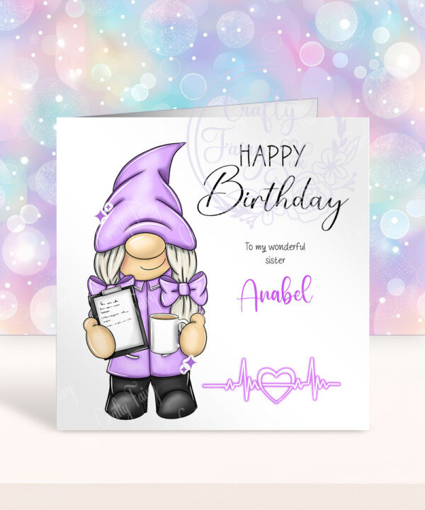 personalised purple gnome gonk healthcare assistant nurse birthday card
