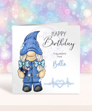 personalised blue uniform gnome gonk nurse birthday card