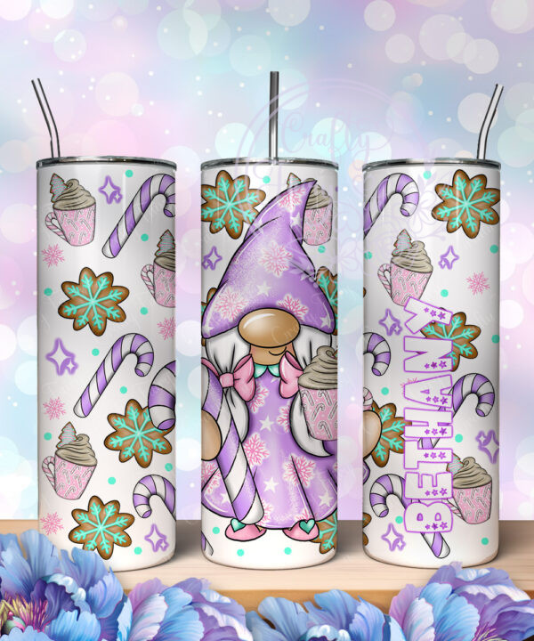 personalised snowflake purple gonk and candycanes christmas tumbler
