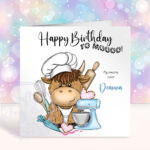 personalised highland cow baker baking birthday card
