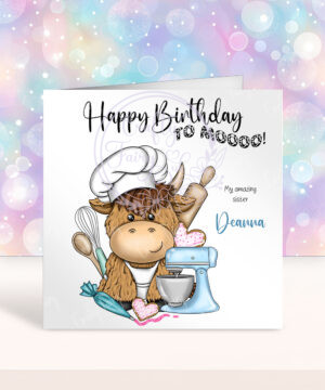 personalised highland cow baker baking birthday card