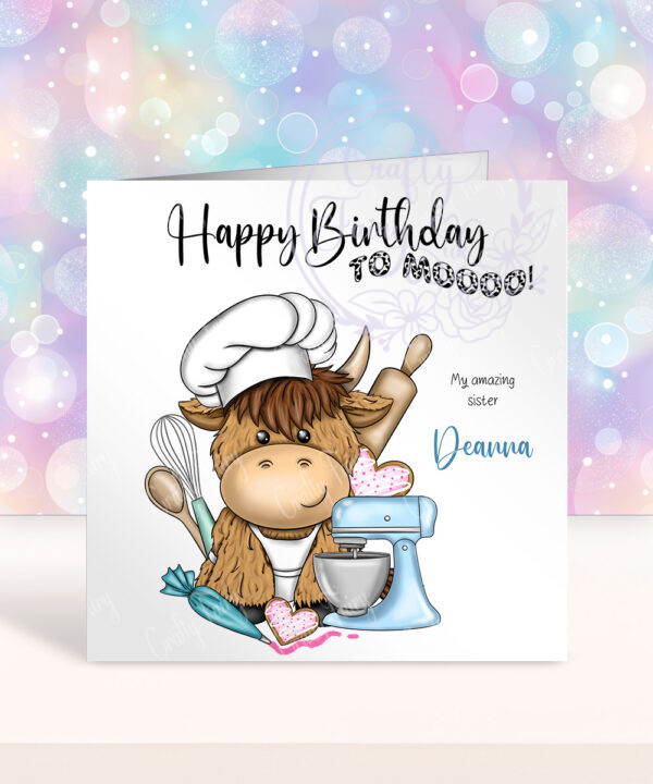 personalised highland cow baker baking birthday card