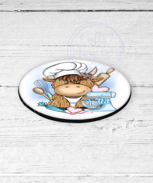personalised highland cow baker baking coaster gift