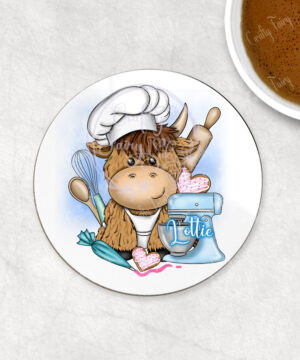 personalised highland cow baker baking coaster gift