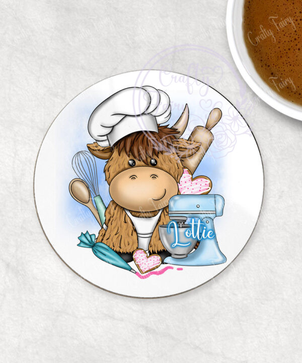 personalised highland cow baker baking coaster gift