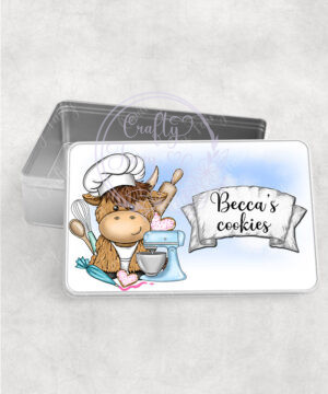 personalised highland cow baker baking medium tin