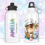 personalised highland cow baker baking 600ml water bottle