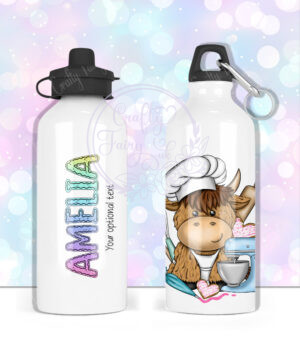 personalised highland cow baker baking 600ml water bottle