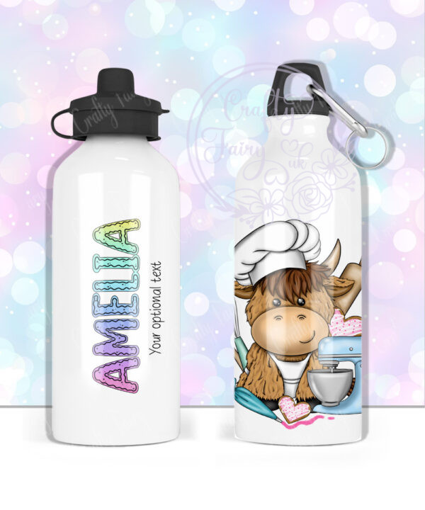 personalised highland cow baker baking 600ml water bottle