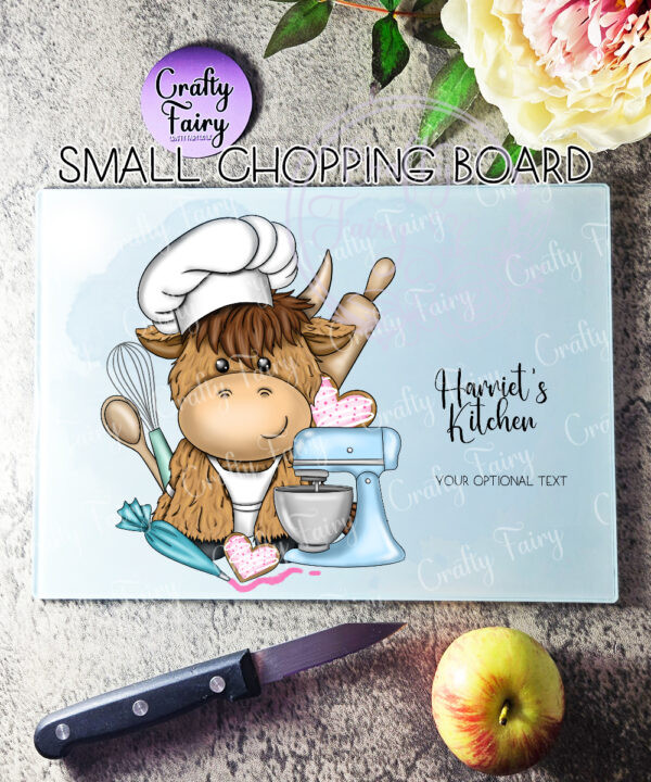 personalised highland cow baker baking glass chopping board or worktop protector