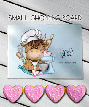 personalised highland cow baker baking glass chopping board or worktop protector