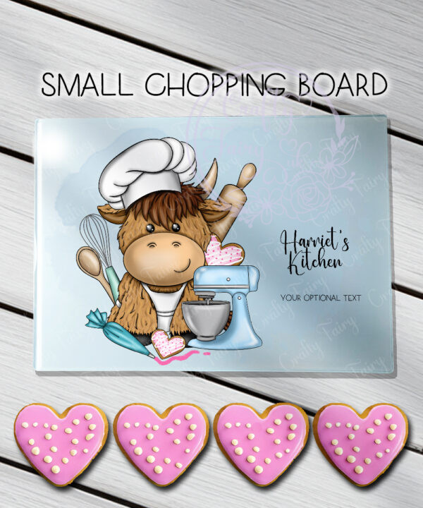 personalised highland cow baker baking glass chopping board or worktop protector