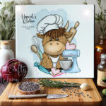 personalised highland cow baker baking glass chopping board or worktop protector