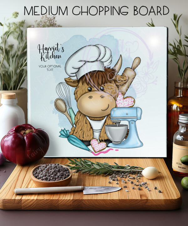personalised highland cow baker baking glass chopping board or worktop protector