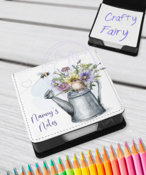personalised sparrow & springtime flowers in watering can memo pad holder