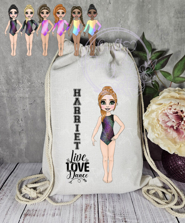 personalised gymnast dancer in squiggle/pink stripe/rainbow leotard drawstring bag