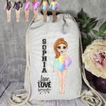 personalised gymnast in pink stripe leotard drawstring bag