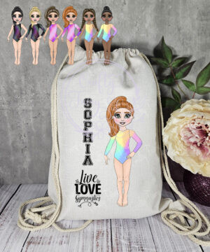personalised gymnast in pink stripe leotard drawstring bag